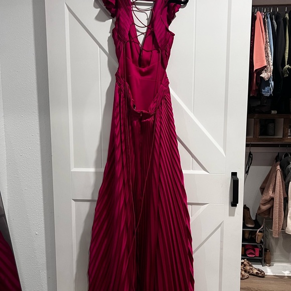 Ieena for Mac Duggal Purple Pleated Ruffled Cap Sleeve Cut Out Lace Up Gown - Picture 11 of 12
